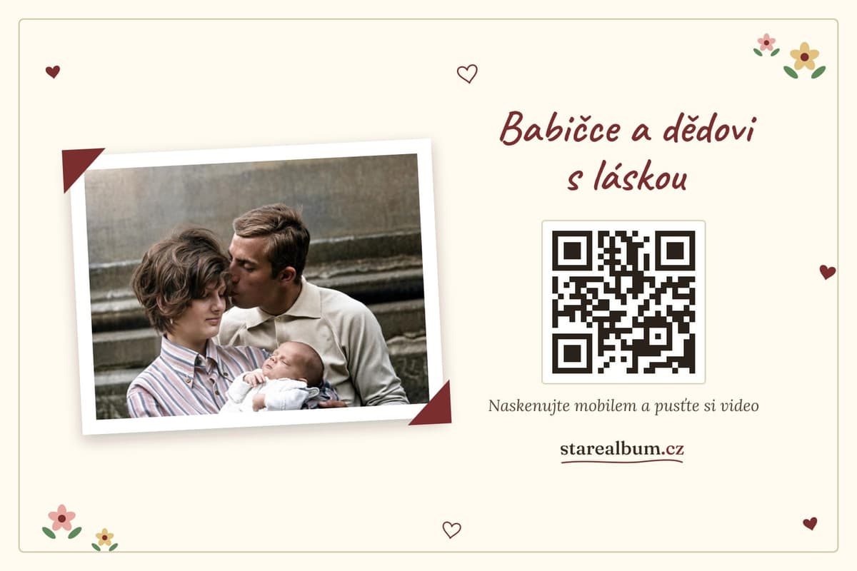 Dárková karta „Babičce a dědovi s láskou“ s fotkou a QR kódem