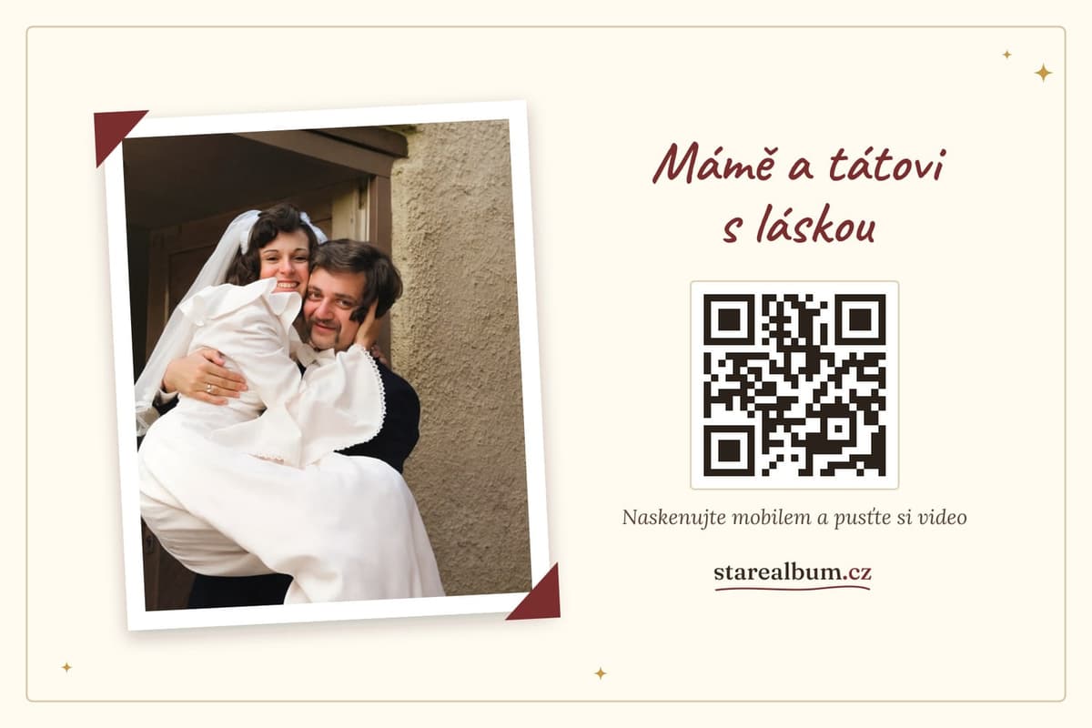 Dárková karta „Mamince a tatínkovi s láskou“ se svatební fotkou a QR kódem